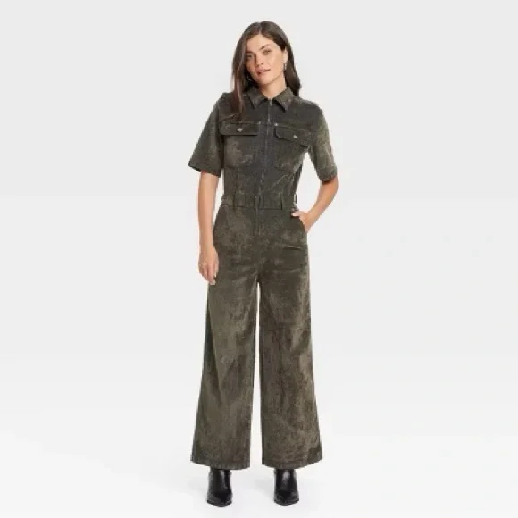 Universal Thread Short Sleeve Flocked Denim Jumpsuit in Olive Green Size 4 & 12 - Picture 1 of 12